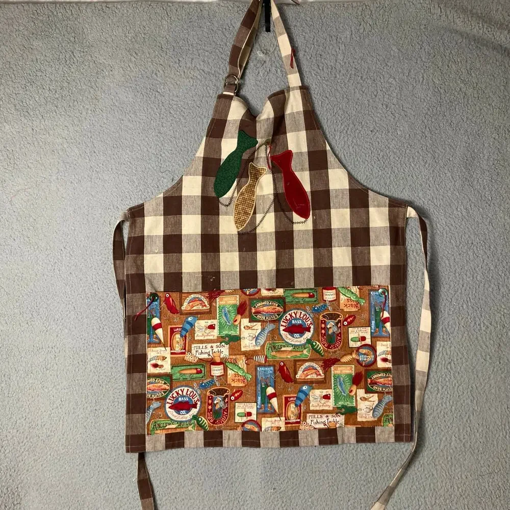 Vintage Handmade Fishing Tackle Apron Brown Gingham Check Retro Pocket Grilling‎